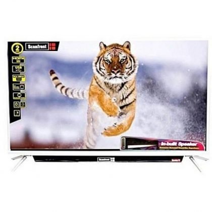 Scanfrost LED T2/S2 Satellite TV, Smart TV with Silver Aluminum Frame, Silver Metal Base, Sound Bar - SFLED 43AS