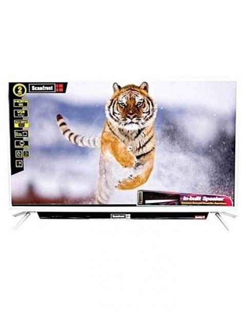 Scanfrost LED T2/S2 Satellite TV, Smart TV with Silver Aluminum Frame, Silver Metal Base, Sound Bar - SFLED 43AS